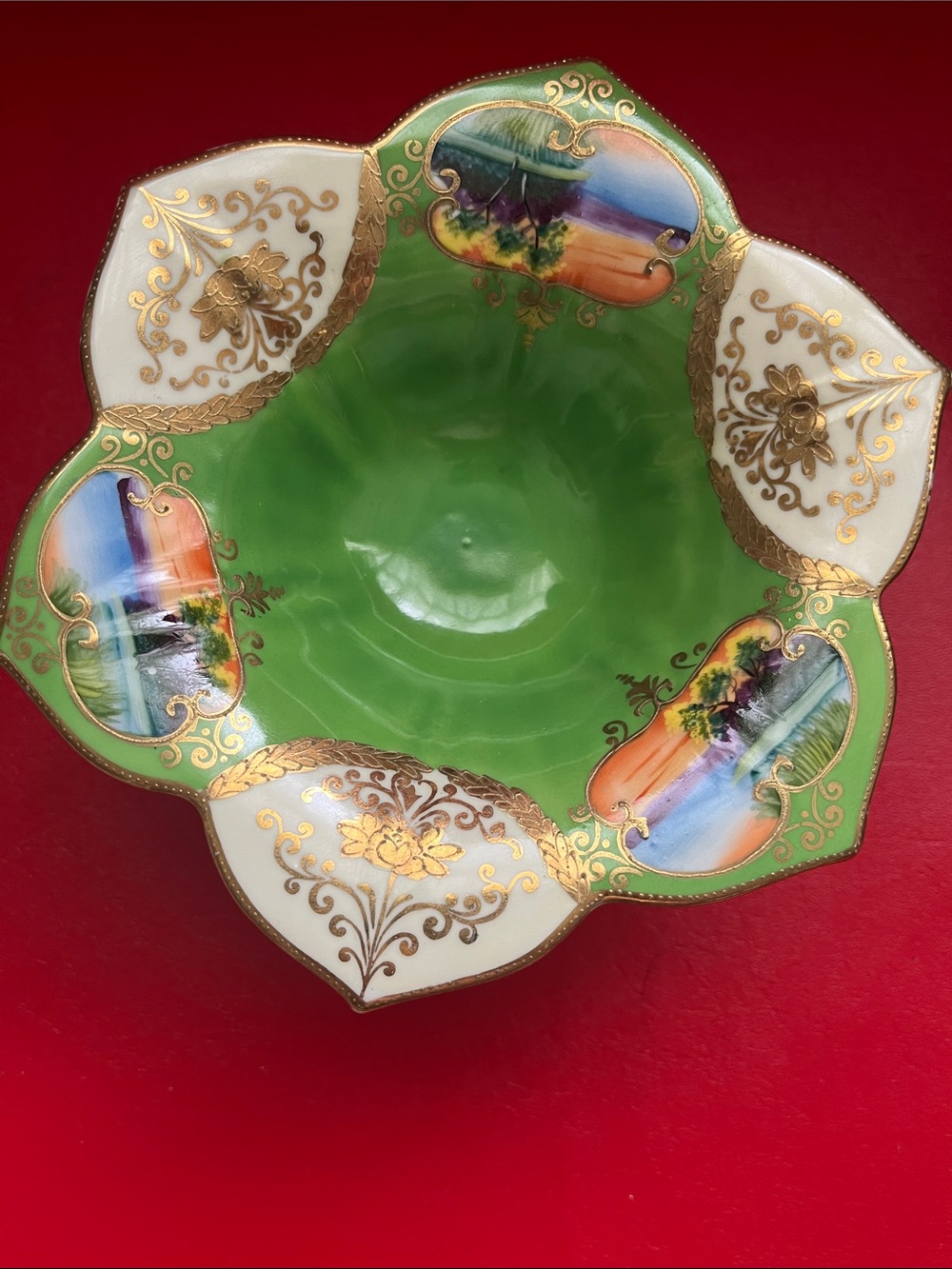 Antique Hand Painted Gold Teal Trim 6.5”D 3”H Bowl